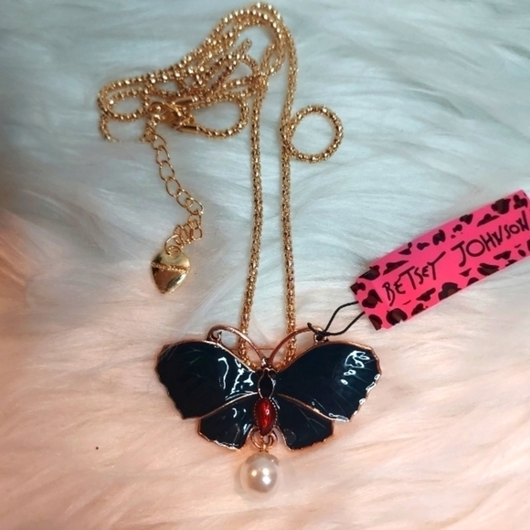 BETSEY Johnson 28" Butterfly Deep Blue Enamel Necklace Brooch Pin NEW - Picture 4 of 8
